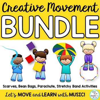 Creative movement activities for Music and movement. PE! Preschool! Classroom! Virtual! At Home! Movement Activity Songs, Directions, Posters, Games & Activities to get your students moving and learning with Freeze Dance Movements, Scarves, Bean Bags, Stretchy Bands and Parachutes. Perfect for Music, PE, Preschool and Special Needs. Activities can be adapted for Preschool up to Grade 6.