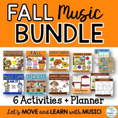 Fall elementary Music activities for your K-6 students with students singing songs, playing games, instruments, composing, improvising in your Music Classroom using these interactive music lessons. The Fall Music Class Lesson Bundle includes 6 Resources with a variety of lessons, Mp3 Tracks, VIDEO and animated power point resources and in addition to worksheets to teach Music Education Standards. K-6