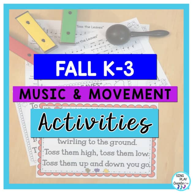 Find your elementary fall music activities using a simple song to feel the beat, sing so mi do and play instruments. This set of activities include a scarf movement too.