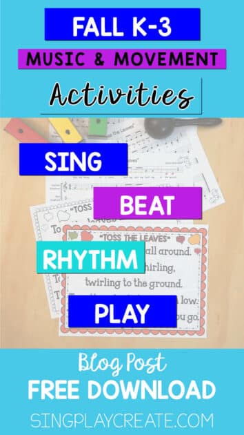 Find your elementary fall music activities using a simple song to feel the beat, sing so mi do and play instruments. This set of activities include a scarf movement too.