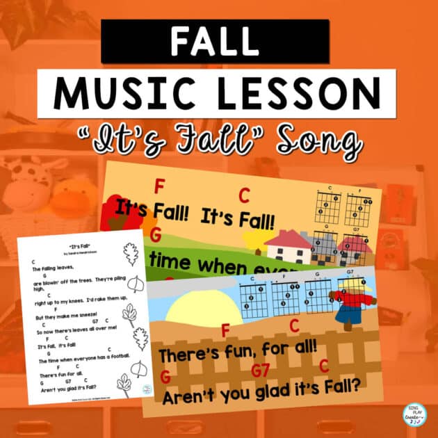 Fall Music Activities for "It's Fall" Song, Instruments, Scarf Movement activities for the elementary music teacher to use in PreK-1-2-3 grades.  Activities for singing, moving, playing instruments. 
I share how to organize your instrument groups and have students sing and play in an ensemble.
 This song is a FREE RESOURCE!
CLICK HERE: https://www.singplaycreate.com/subscribe