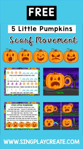 Free activity download“Five Little Pumpkins” scarf movement activity. Scarf movement is a wonderful way to help children express music, feelings and get in some exercise too.  Halloween is also the perfect time to wave some scarves around!