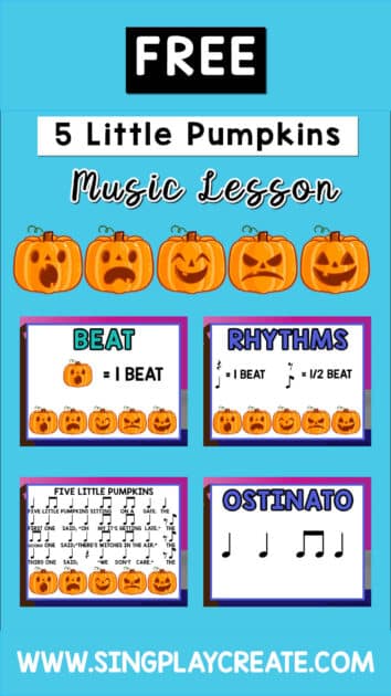 “Five Little Pumpkins” is a fun Halloween chant for children PreK-3rd grades. Let’s take a favorite Halloween chant a make it a music lesson!