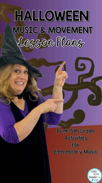 Easy elementary music Halloween lesson plans for PreK-5th grade music classes.  These lesson plans help students learn music concepts.  Sing Play Create Blog Post