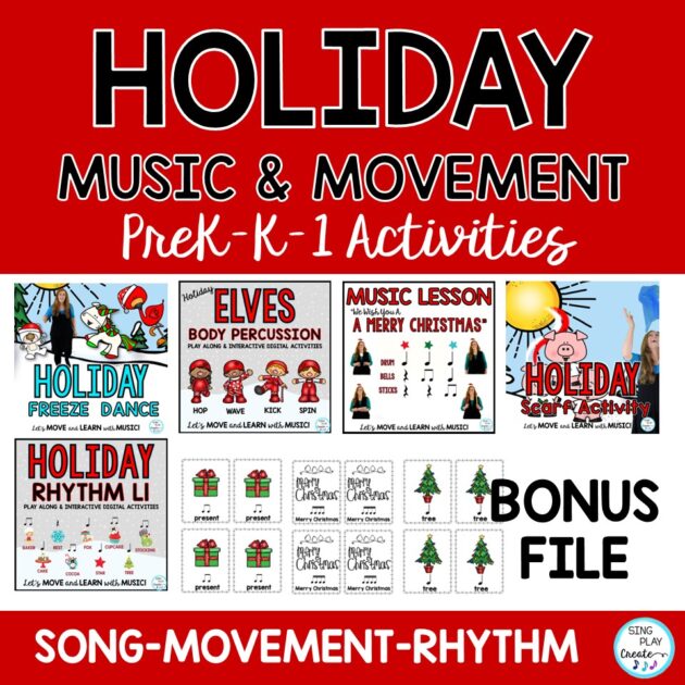 Holiday PreK-K-1 Music Activity Bundle: Music and Movement Activities
This December have fun singing, moving and playing instruments with your PreK-K-1 students. You'll love this holiday music and movement activity bundle for your younger students. Learn rhythms, practice in a music lesson, move to holiday music with scarves and a freeze dance workout and practice playing the steady beat with fun Elf body percussion moves. These 5 resources can be combined to make a complete unit of learning for your younger classes in the month of December. Combining Beat, Rhythm, Singing, Playing and Moving activities gives your students a variety of musical experiences learning key music concepts.