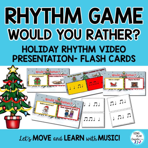 Elementary music teachers can help their students practice rhythms during December using this Holiday Rhythm Game "Would You Rather?"  Interactive engaging beginning level rhythm game for younger students learning quarter notes and joined eighth notes. (ta and ti-ti) The narrator will give the directions and ask the questions. Students will choose their answer and then play the rhythm that matches their answer during the music.  Your students will LOVE this interactive activity. K-2