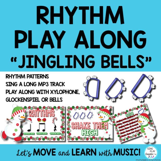 Rhythm Play Along Song: "Jingling Bells" for Bells, Glockenspiel, Xylophone is a fun instrument play along activity for young children. Sing the song, play the rhythms, sing and play together in this fun "bells" play along music activity. Sing and play "Jingling Bells" any time of year! A fun activity to introduce playing bells in music class. And, expand playing skills using a glockenspiel or xylophone to play the rhythm patterns. So many ways to use this engaging set of materials. Best for PreK-2nd grade.