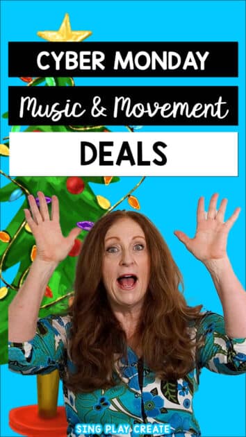 It's here again! Cyber Monday music and movement deals that will help you save money and help you in the classroom.

I'm listing some of the best deals on music and movement activities as well as movement props that are on SALE at the TPT store and some of my favorite AMAZON movement props.

Thanks for coming to the site and checking out the great deals for CYBER MONDAY!