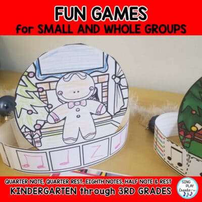 Gingerbread rhythm crown or headband or hat craft activity to decode, practice, play, assess, create rhythms during December classes and lessons. Interactive games to play after students make their crowns. Music students will enjoy the games and activities.