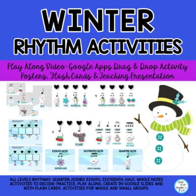 Winter Rhythm Activities Mixed Levels: Compose & Rhythm Play Along Activities for upper elementary music students with drag and drop google slides, digital images, presentation, flash cards, posters for diverse learning opportunities.