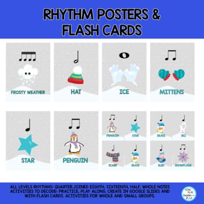 Winter Rhythm Activities Mixed Levels: Compose & Rhythm Play Along Activities for upper elementary music students with drag and drop google slides, digital images, presentation, flash cards, posters for diverse learning opportunities.