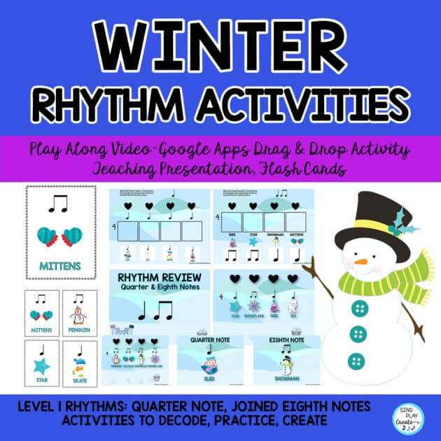 Winter and January elementary LEVEL 1 music rhythm activities with drag and drop google slides, digital images for online and in person music class lessons. These activities are interactive and engaging as well a s seasonally friendly for January elementary music lessons. SING PLAY CREATE