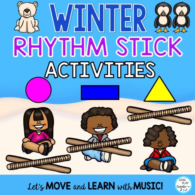 Winter rhythm stick play along time with polar bear and penguin rhythm icons (pictures) and rhythms. Your students will love playing their rhythm sticks in so many different ways!  SING PLAY CREATE