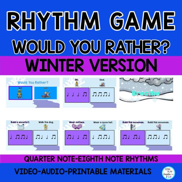 Winter Rhythm Game "Would You Rather" L1 Rhythm Play Along Elementary music teachers can help their students practice rhythms during the cold winter months using this WINTER RHYTHM Game "Would You Rather?" Interactive and engaging beginning level rhythm game for younger students learning quarter notes and joined eighth notes. (ta and ti-ti) The narrator will give the directions and ask the questions. Students will choose their answer and then play the rhythm that matches their answer during the music. Your students will LOVE this interactive activity. K-2