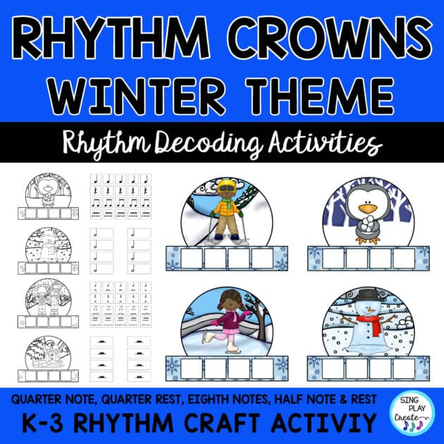 "Winter rhythm crowns, or headbands, or hats craft activity for music students.  Practice, decode, compose rhythms during winter music classes and studio or private lessons.  Music students will enjoy the games and activities.
A fun way to interact with each other and practice rhythms at the same time during holiday music activities."