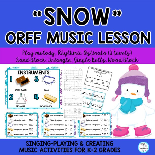 Music Lesson “Snow"" Orff song with solfege, and instrument parts for K-2 students.

Sing the song, move to the lyrics, show the solfa, play the instruments. A complete unit of learning materials to use over the month of January or Winter time.

Lessons and Worksheets in color and black and white.

Build students singing and playing skills in one fun and easy lesson that can be spread out over 4 class periods. SING PLAY CREATE