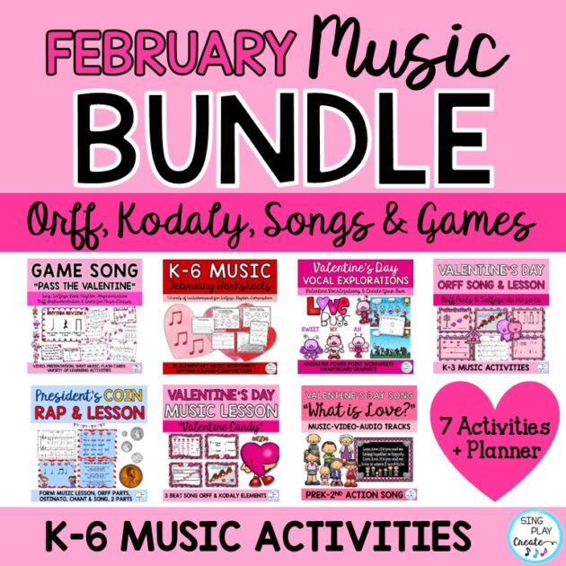 February Elementary Music Lesson Bundle of Music Activities K-6