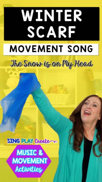 Fun winter scarf movement activity for children.  Let's learn body parts, move to the music and wave our scarf around.  Here's an easy tutorial for a winter scarf dance you can use with toddlers up to 2nd graders. Scarf Movement Song ""The Snow is On My Head"
