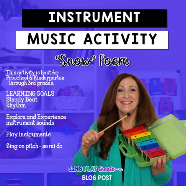 Let’s play instruments and learn beat, rhythm and solfege using “Snow”, an easy winter poem. Sing Play Create