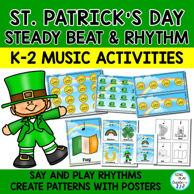 St. Patrick's Day steady beat and rhythm activities for Kindergarten and First Grade music classes. Interactive activities to read, play and create rhythms.