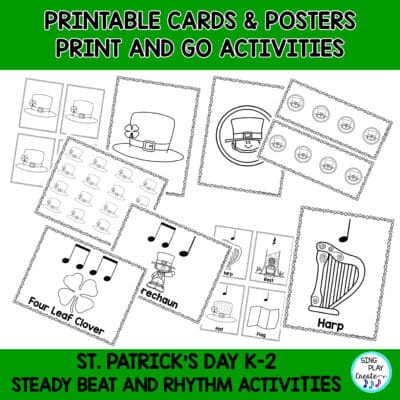St. Patrick's Day steady beat and rhythm activities for Kindergarten and First Grade music classes. Interactive activities to read, play and create rhythms.