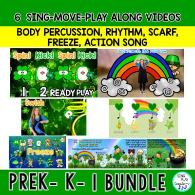 St. Patrick's Day Music and movement activities PreK through 2nd grade.  Activities for body percussion, movement, rhythm, singing solfege (sol mi do).