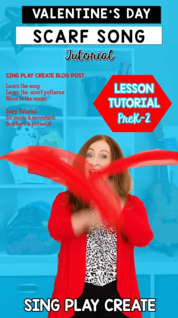 In this post I’ll share how to teach this fun Valentine’s Day scarf song to your students.
These movements are going to work for PreK-3rd grades.
You can use this song “Valentine’s Day” by Sing Play Create