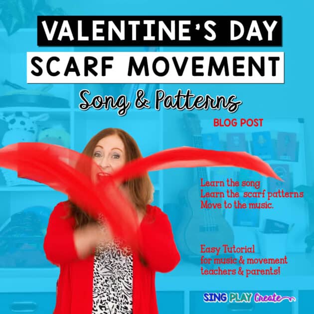 In this post I’ll share how to teach this fun Valentine’s Day scarf song to your students.
These movements are going to work for PreK-3rd grades.
You can use this song “Valentine’s Day” by Sing Play Create