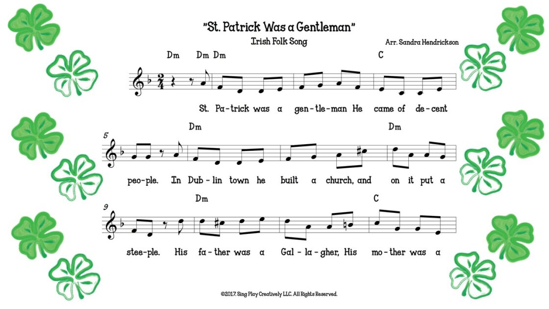 St. Patrick's Day Music lesson ideas to teach singing and dancing to Irish folk song "St. Patrick was a Gentleman" FREE RESOURCE FROM SING PLAY CREATE