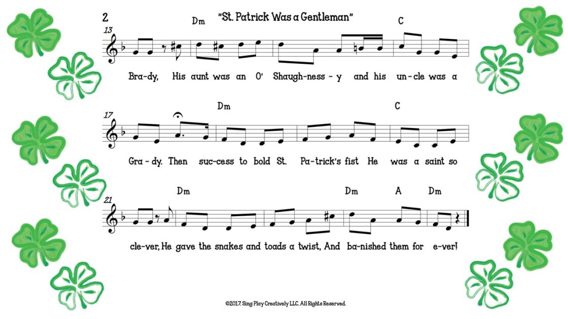 St. Patrick's Day Music lesson ideas to teach singing and dancing to Irish folk song "St. Patrick was a Gentleman" FREE RESOURCE FROM SING PLAY CREATE