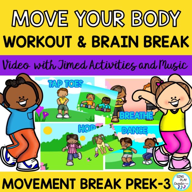 Kids need to move! Music and Movement Video with action pictures helps students with gross motor skills. Use for Brain Breaks, PE, Dance, Elementary Classroom Teachers. The 14 min. video is divided into 3 shorter segments which makes it easy to use for short amounts of time. The music is paced to match the actions. "Move Your Body" Movement Video is a multi-use brain break and exercise video for any classroom in Preschool through 3rd grade. SING PLAY CREATE