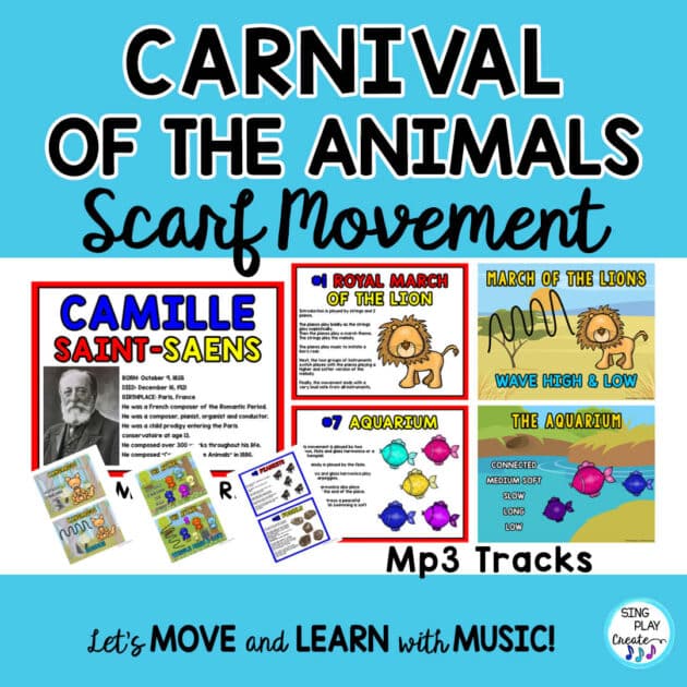 Carnival of the Animals Scarf Movement activities with Audio Tracks of all 15 movements. Now you can wave your scarf to the music of Camille Saint Saens and learn about this favorite composer.  The elementary music teacher will love having information about the composer and each movement as well as detailed information about the music and the how and why of the scarf movements. There are 2 presentations- one adapted for PreK-1st grade. The other for 2nd-graders. SING PLAY CREATE