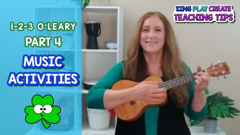 Ukulele Lesson for ""One Two Three O' Leary"" Irish Folk Song by Sandra at Sing Play Create for the elementary music teacher. I'm sharing some ukulele teaching tips and a mini lesson to teach this Irish folk song in your elementary music classroom. FREE MUSIC ACTIVITIES: