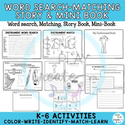 Learn about the Instrument families using these worksheet activities. Coloring, matching, word search and more in this instrument family set of 20 worksheets including write a story and a mini-book of instruments families. So many ways to use these diverse activities. Use in stations, Sub Tub, whole and small groups to help students learn about the instruments and families. K-6 applications.