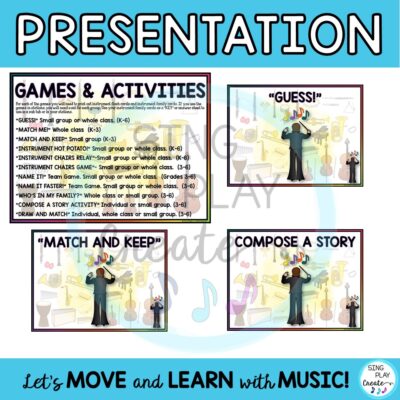 Learn about the Instruments and their families in your K-6 music classroom with these 11 easy to play and set up games and activities using instrument family and instrument cards and posters. Get the 11 games and pair them with your flashcards for interactive music class learning. Use these games for teaching, assessment, beginning of year, end of year activities, reward days, practice and team building activities. These games are adaptable to Grades K-6.