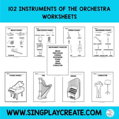 Orchestra Instrument Family coloring sheets and activities to Learn the Instruments of the orchestra. 109 No Prep coloring activities for children ages 4-10