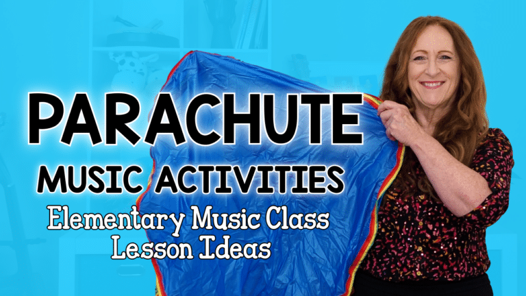 Five parachute music and movement activities K-5 ideas! In today's post I'm sharing five music activities you can use to learn music concepts. I'm using classical music in this teaching tutorial to teach beat, fast/slow, loud/soft, a story song and a calm down activity using games and movement with the parachute.