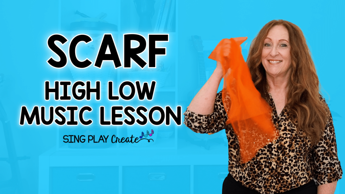 I'm using a scarf to teach music concepts high and low. This activity is for younger children-even toddlers can do this one! Music teachers can use this activity in their PreK-2nd grades. It's a good intro to high and low sounds as well as a wonderful calming down activity. Scarf movement to teach high and low by Sing Play Create