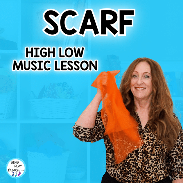 I'm using a scarf to teach music concepts high and low. This activity is for younger children-even toddlers can do this one!  Music teachers can use this activity in their PreK-2nd grades.  It's a good intro to high and low sounds as well as a wonderful calming down activity. Scarf movement to teach high and low by Sing Play Create