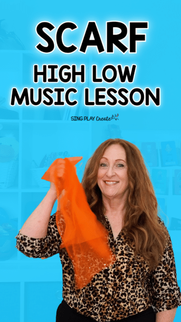 I'm using a scarf to teach music concepts high and low. This activity is for younger children-even toddlers can do this one!  Music teachers can use this activity in their PreK-2nd grades.  It's a good intro to high and low sounds as well as a wonderful calming down activity. Scarf movement to teach high and low by Sing Play Create