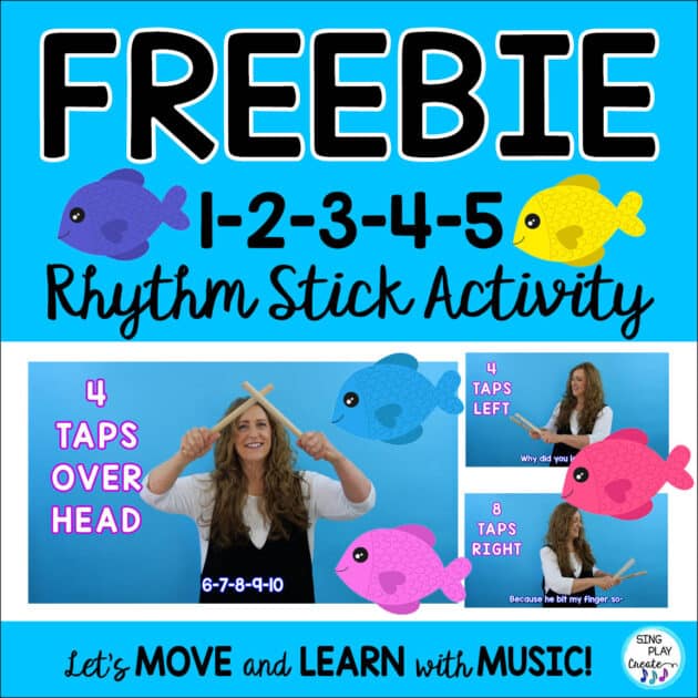 Here’s a fun rhythm stick tutorial for “12345 Once I Caught a Fish Alive”. It’s easy to follow along and you’ll learn the pattern quickly! And you’ll learn the pattern quickly! I share how you can turn this into a complete music lesson with some warm up activities and then how to teach the rhythm stick patterns too. There’s a play along at the end of the video where I demonstrate the entire song. LEARN MORE SING PLAY CREATE