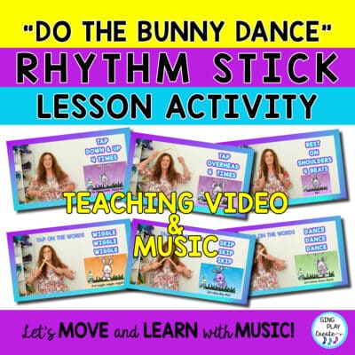 "Do the Bunny Dance" Rhythm Stick Activity Let's play rhythm sticks this spring in music class with the movement song "Do the Bunny Dance". No need to be hopping around looking for an engaging lesson for your Kindergarten through 3rd grades. The teaching video will do the job showing your students how to play each action with the song. Engaging and interactive teaching materials by Sing Play Create.