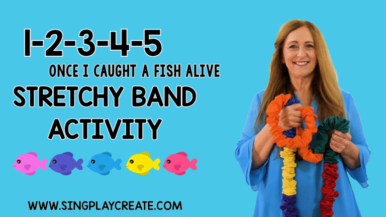 Stretchy Band music and movement activity lesson for the fun nursery rhyme "1-2-3-4-5 Once I Caught a Fish Alive" Get your students moving and learning with this engaging multi-level music lesson with a stretchy band. Teach music concepts like BEAT, RHYTHM, OSTINATO while helping students exercise gross motor muscles and use their imagination!