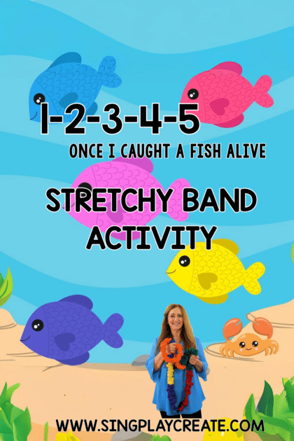 Stretchy Band music and movement activity blog post with a lesson for the fun nursery rhyme "1-2-3-4-5 Once I Caught a Fish Alive" Get your students moving and learning with this engaging multi-level music lesson with a stretchy band. Teach music concepts like BEAT, RHYTHM, OSTINATO while helping students exercise gross motor muscles and use their imagination!  LEARN MORE AT SING PLAY CREATE