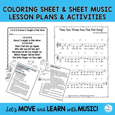 Stretchy Band music and movement activity lesson for the fun nursery rhyme "1-2-3-4-5 Once I Caught a Fish Alive" Get your students moving and learning with this engaging multi-level music lesson with a stretchy band. Teach music concepts like BEAT, RHYTHM, OSTINATO while helping students exercise gross motor muscles and use their imagination!