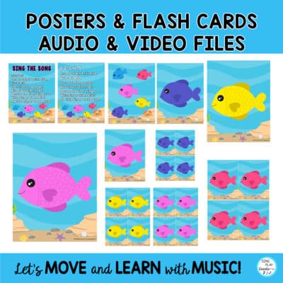 Stretchy Band music and movement activity lesson for the fun nursery rhyme "1-2-3-4-5 Once I Caught a Fish Alive" Get your students moving and learning with this engaging multi-level music lesson with a stretchy band. Teach music concepts like BEAT, RHYTHM, OSTINATO while helping students exercise gross motor muscles and use their imagination!